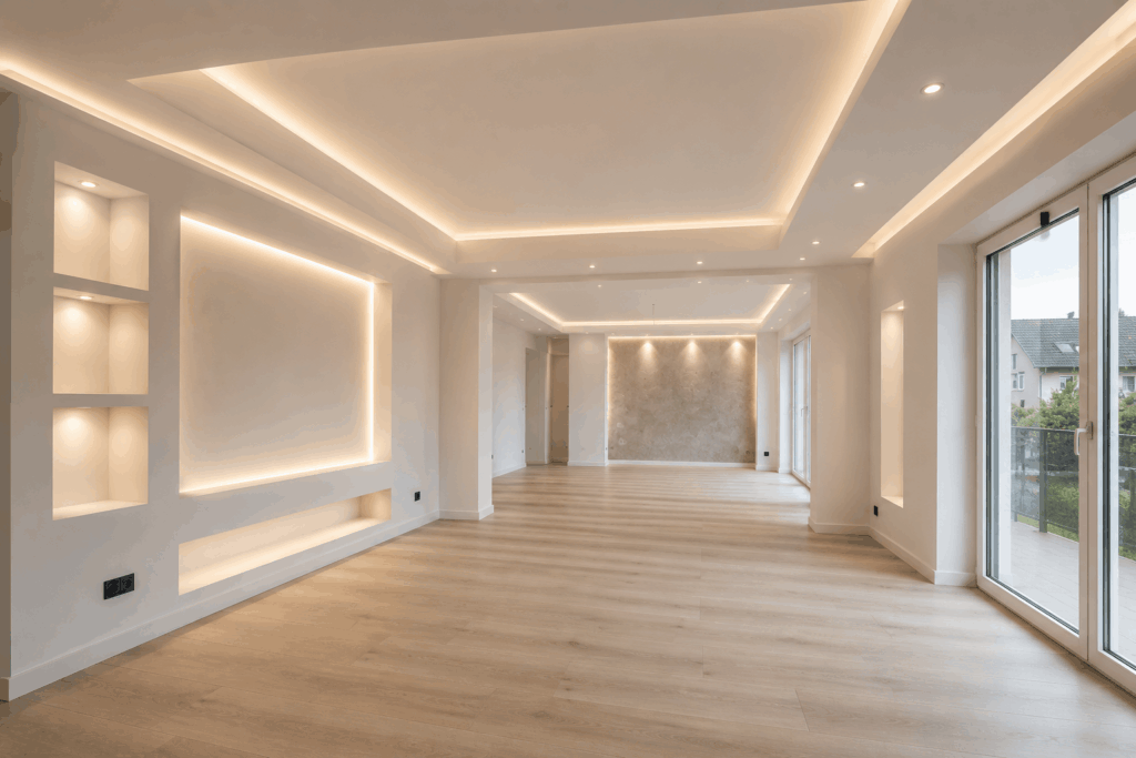 Moderner Innenausbau mit Trockenbaudecke, LED-Beleuchtung und Bodenbelag in Iserlohn